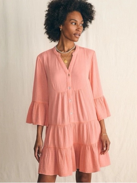 Quince Dresses & Skirts - Quince Coral Pink Tiered Mini Dress Organic Cotton Gauze Tiered Size S